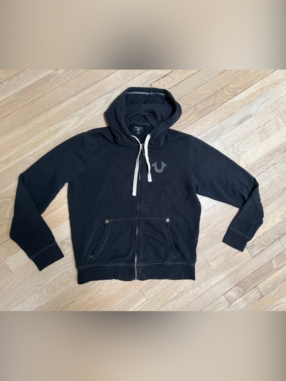 True Religion Black Zip Hoodie with Contrast Drawcords